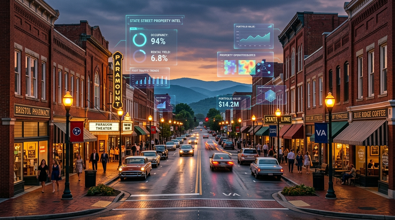 Historic Downtown Bristol State Street on the Tennessee and Virginia border illuminated at dusk with OperateIQ property operations telemetry overlays